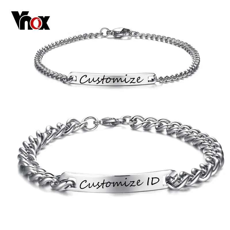 

Vnox Free Engraving Customized Couple Promise Bracelet Stainless Steel Charm ID Bracelets for Women Men Personalized Pulseira