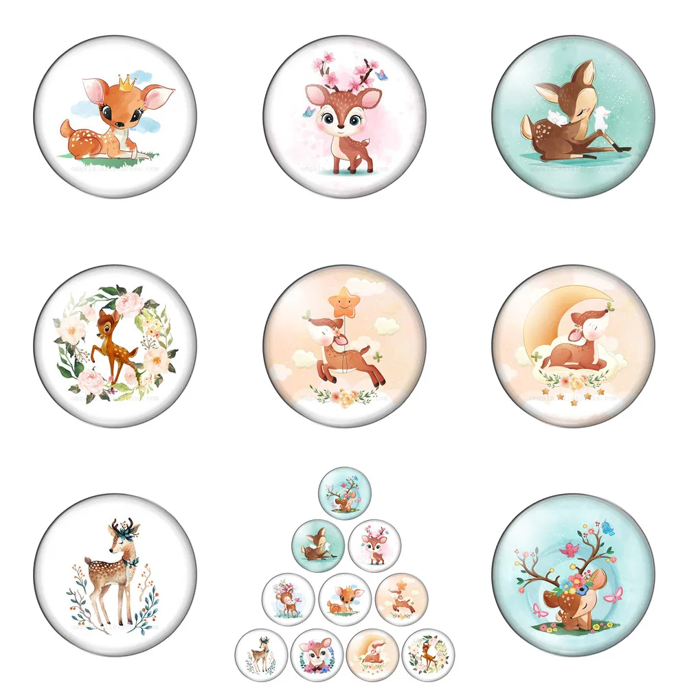 

Cartoon Flowers Baby Deer 10pcs 10mm/12mm/14mm/16mm/18mm/20mm/25mm Round Photo Glass Cabochon Demo Flat Back Making Findings