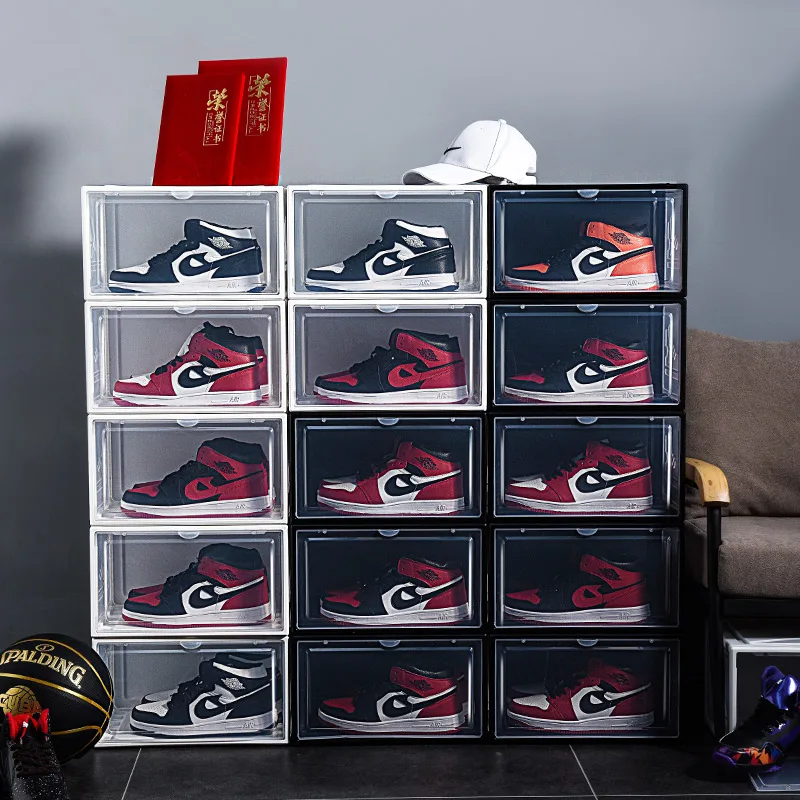 

2pcs AJ Sneakers Box Sliding Plastic Shoes Box Stackable Display Cabinet Storage Box Detachable Dustproof AJShoe Rack Organizer