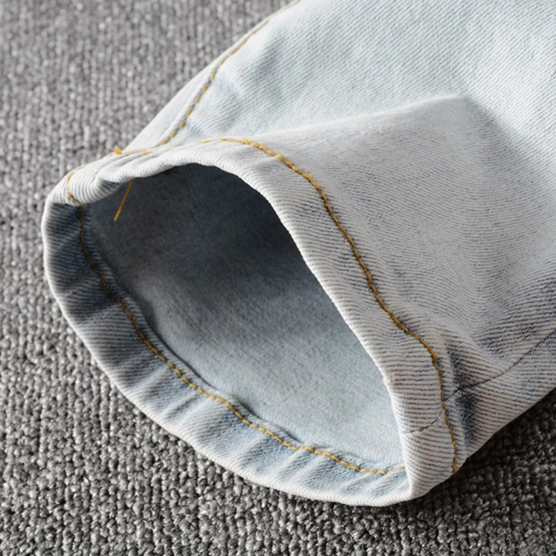 

Mens Summer Jeans Men's Bear Embroidery Patchwork Hip Hop Light Blue Jeans Streetwear Holes Ripped Stretch Denim Skinny Jeans