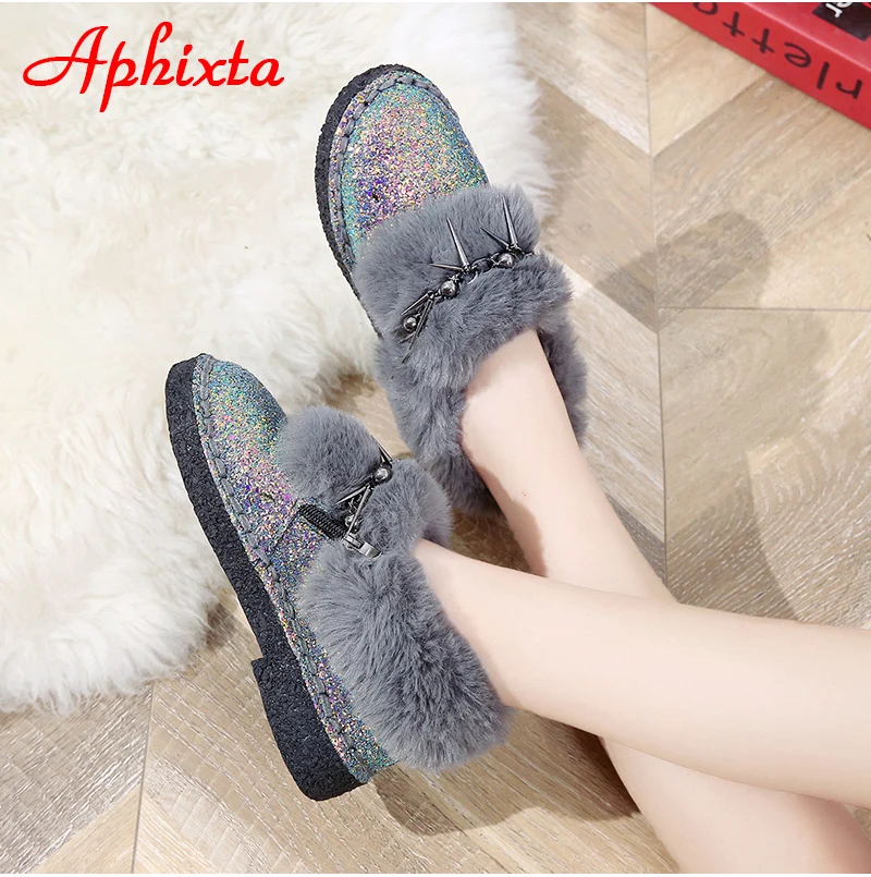 Сапоги aphixta; женские зимние ботильоны на плоской подошве; теплая женская обувь на платформе; женские меховые сапоги с круглым носком и металлической бахромой; Botas Mujer