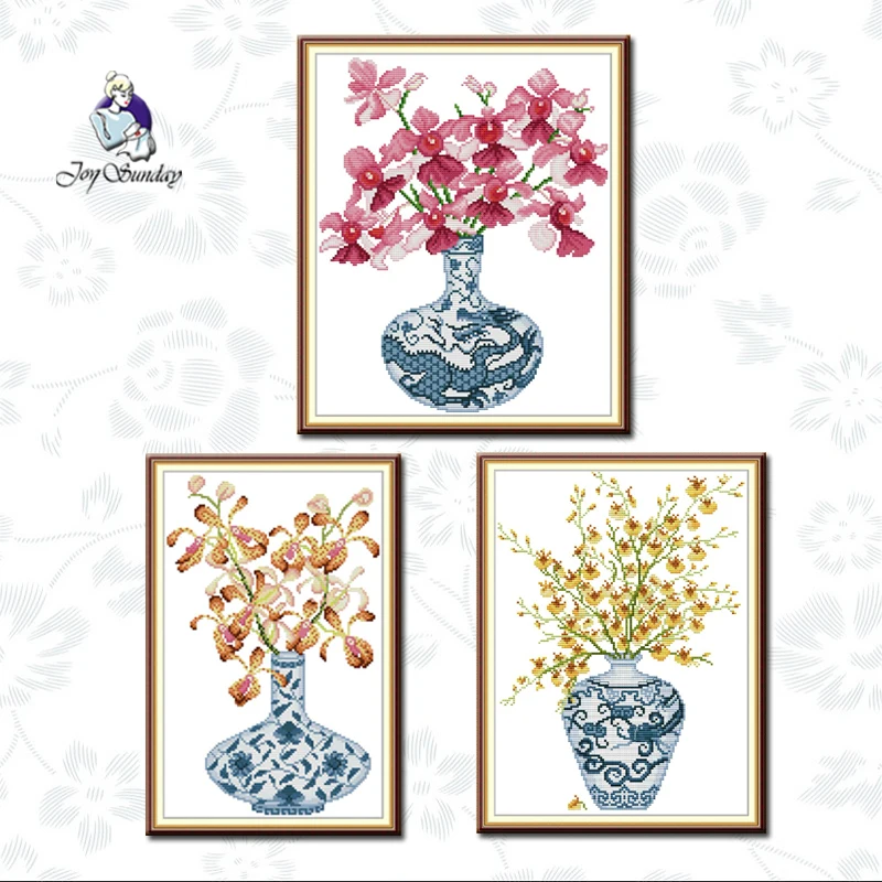 

Joy Sunday Vase Flower Style Cross Stitch Kits 11CT Printed Fabric 14CT Counted Canvas Embroidery Handmade Needlework Gifts Sets