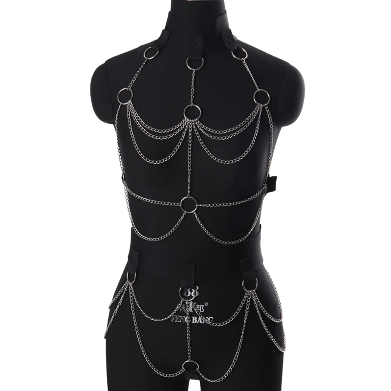 

Women's Leather Harness Metal Chain Set Women's Sexy Bra Bondage Body Lingerie Waist Abdomen Bundled Club Clothing Accessories