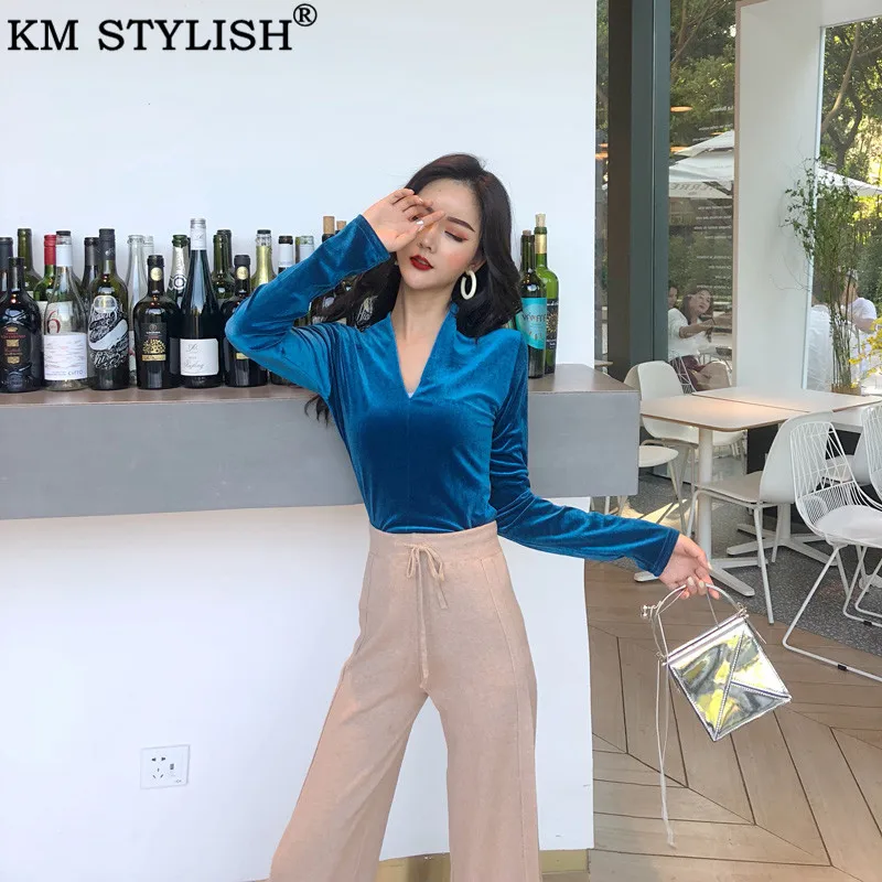 Женская Нижняя футболка 2019 осень/зима новая с v-образным вырезом длинный рукав