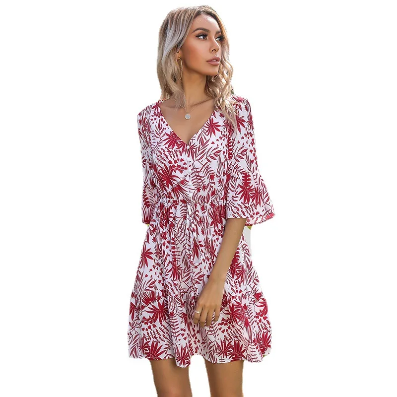 

Женское платье с принтом, повседневное ТРАПЕЦИЕВИДНОЕ ПЛАТЬЕ до колена на завязках в стиле бохо для отпуска, лето 2021