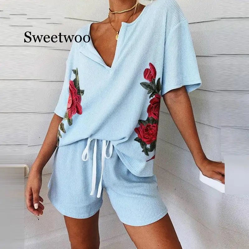 

Summer Women Sets Beach Print Short Sleeve Casual V Neck Two Piece Set Crop Top And Shorts Drawstring 2 Piece Set Outfits