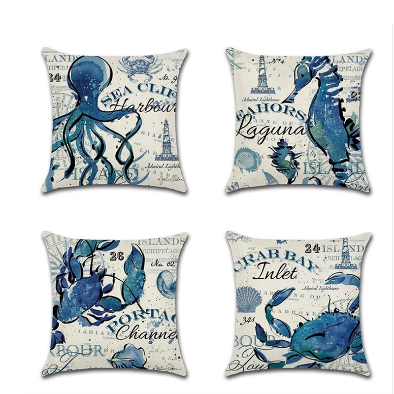 

2019 New Marine Life Sea Turtle Seahorse Prints Cushion Cover Home Decorative Octopus Pillowcase Sofa Pillow Cover Funda Cojin