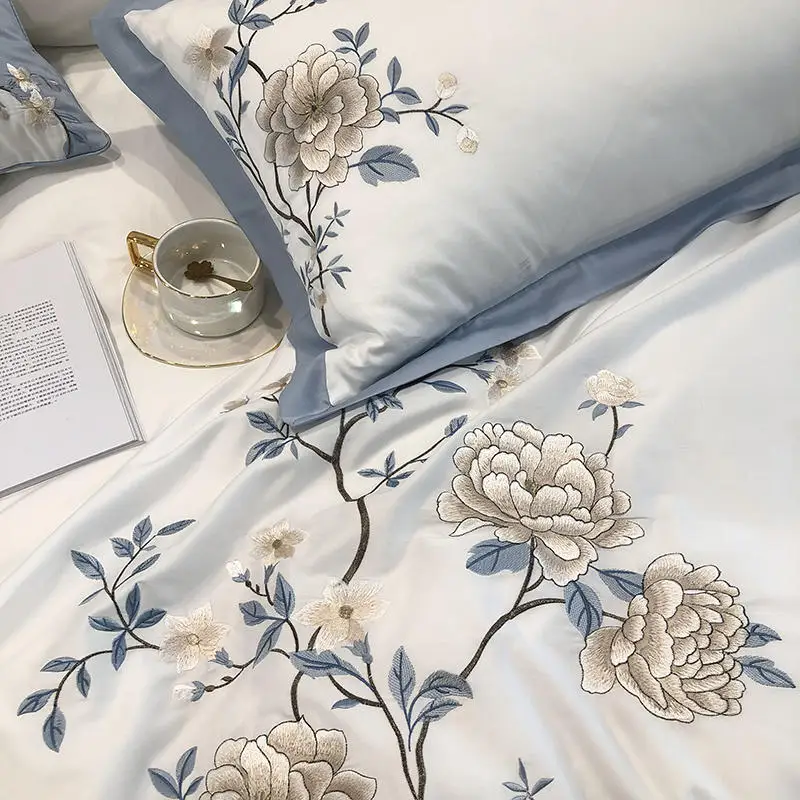 Комплект постельного белья с вышитыми цветами пиона пододеяльник длинными