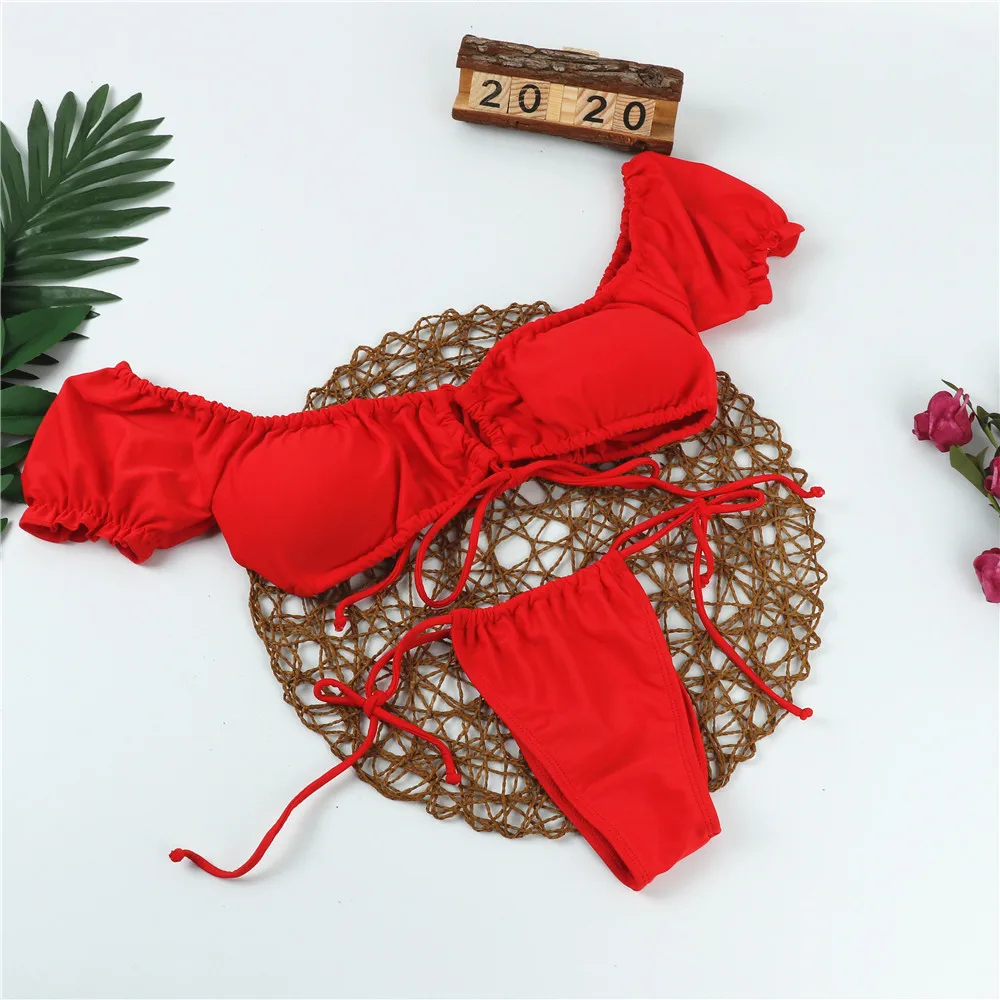 

Bikini 2021 new swimsuit big red one line shoulder lace up with sleeve and bra gathered strap fashion sexy solid color beach lad