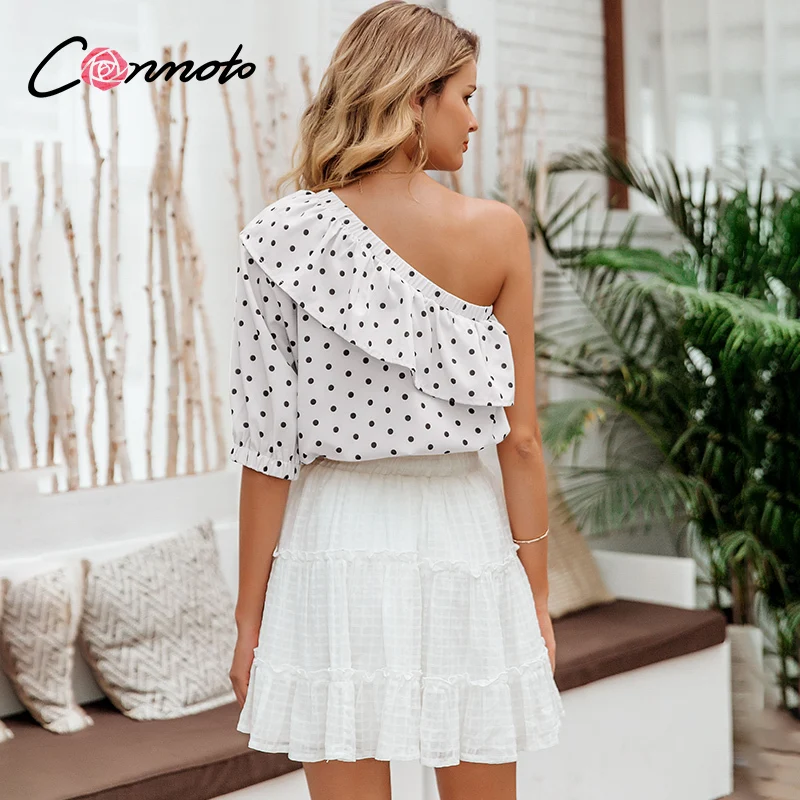 Conmoto polka dot sexy blouses shirt women ruffles casual crop tops summer high fashion beach holiday blusas muter |