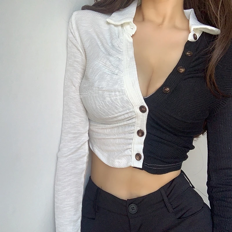 

Autumn new European and American fashionable ins niche color matching personality temperament lapel navel long-sleeved T-shirt