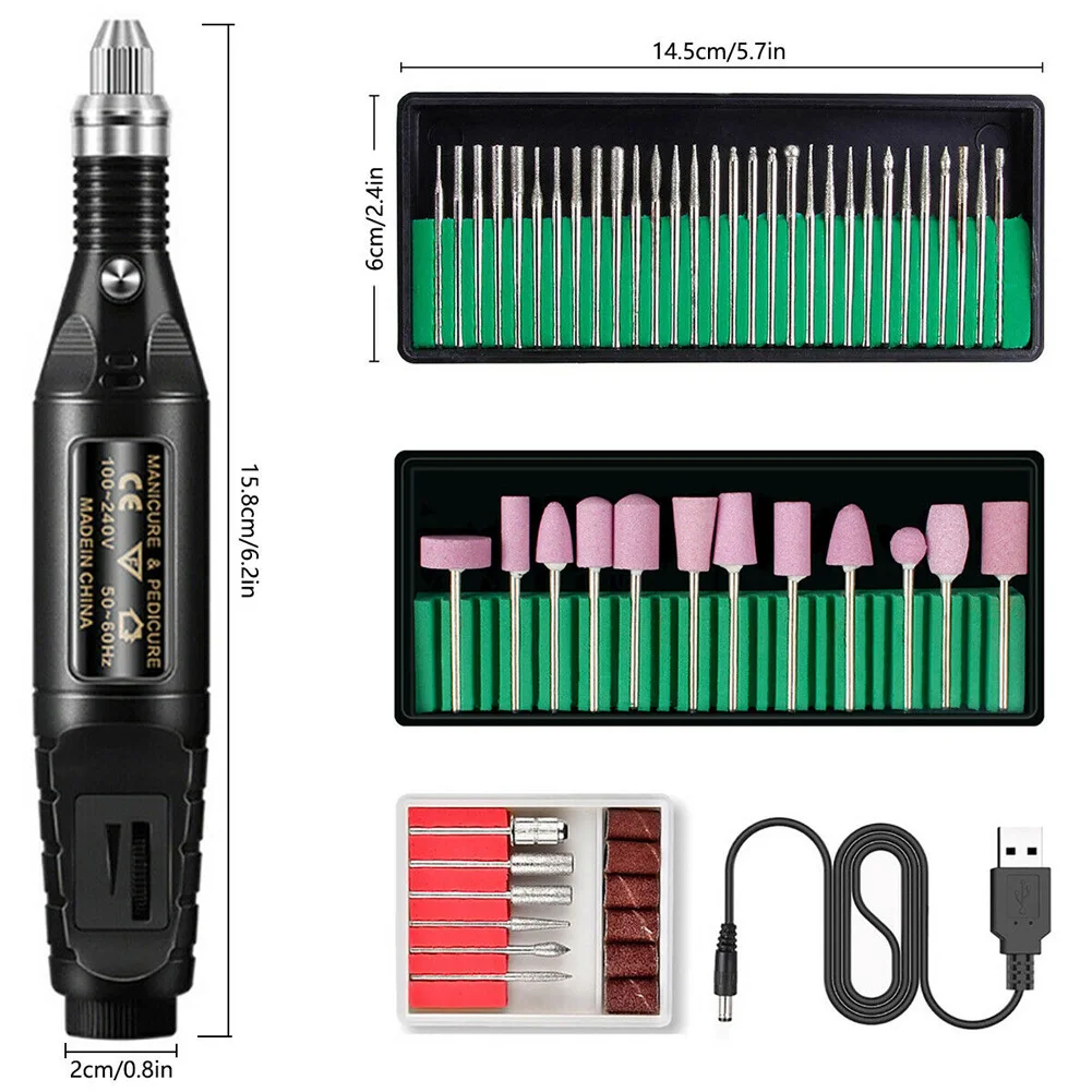 

1set Electric Nail File Drill Manicure Machine Art Acrylic Pedicure Tool Set Kit Usb Portable Pen Electric Nail Polishing New