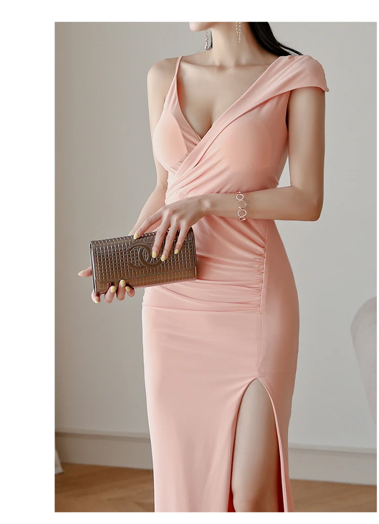 Однотонные высокий разрез пикантное платье с v образным вырезом Тонкие вечерние