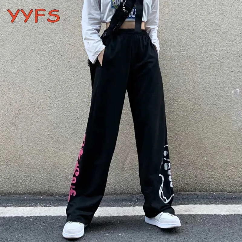 

Womens Wide Leg Pant Bear Print Streetwear Straight Pants Female Black Harajuku Letter High Waist Trouser 2021 Spring Autumn