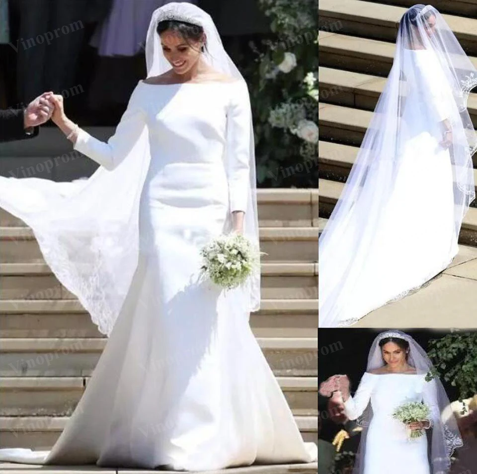 

White Wedding Dresses Bateau 3/4 Long Sleeve Sweep Train Simple Garden Chapel Bridal Gowns vestido de novia