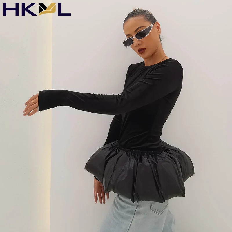 

Avant-Garde Black Patchwork 3D Bud Hem t Shirt for Women o Neck Long Sleeve Velour Slim Y2K Female Spring Fashion New Clothing