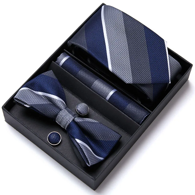 

Formal Dress Tuxedo NeckTie Handkerchief Men's Bow Tie Set Silk Striped Party Groom Wedding Butterfly Bowtie In Box