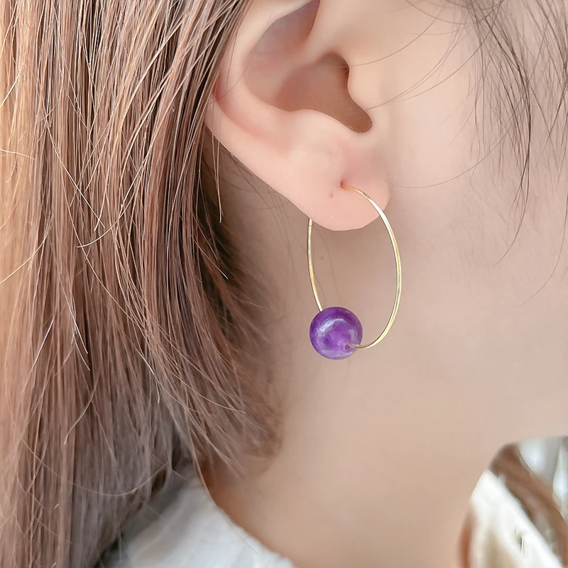 

Fashion Gold Hoop Earrings for Women Round Amethyst Crystal Red Jasper Natural Stone Pendant Earrings Simple Personality Jewelry