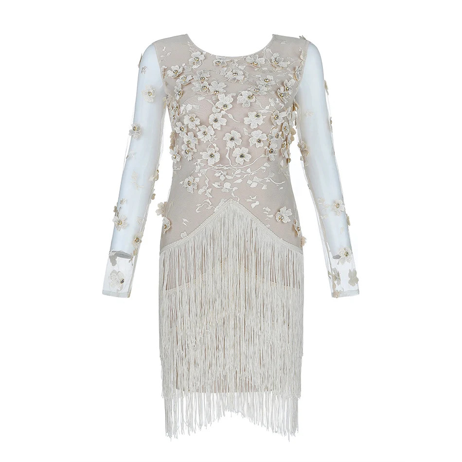 

2019 Women white lace round neck long sleeve Vestidos Celebrity evening party bodycon bandage dress