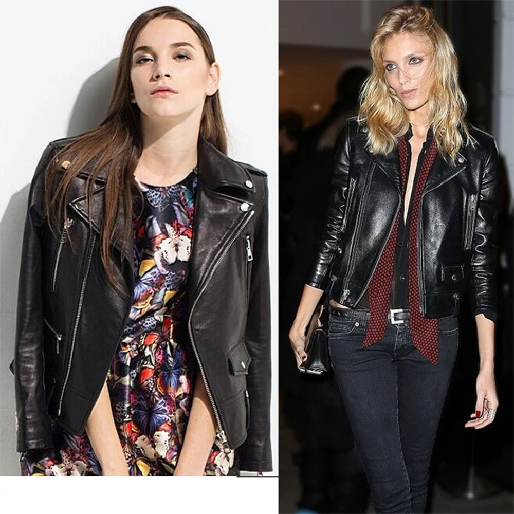 JAZZEVAR 2023 New Spring High Fashion Street Women Real Sheep Skin Leather Jacket Black Genuine Leather Short Motorcycle Jackets