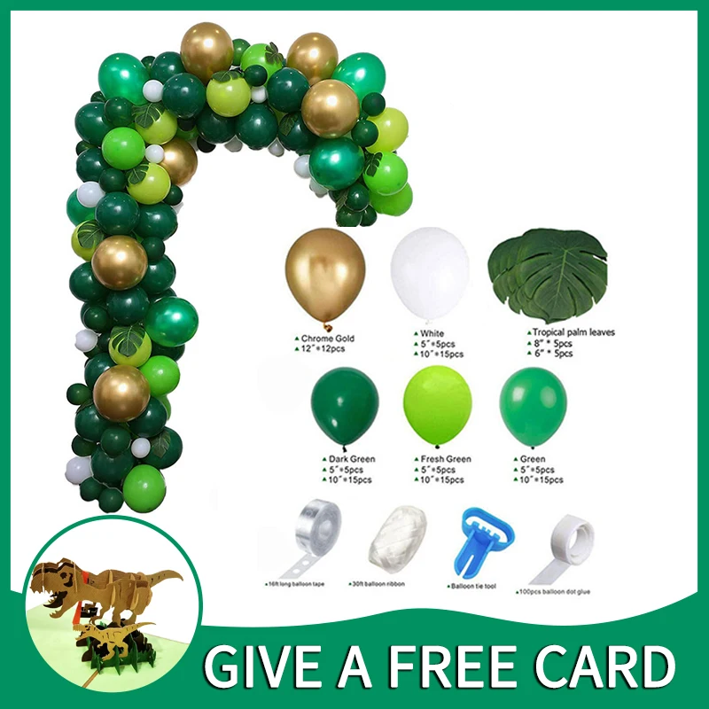 

106PCS Green Balloon Garland Arch Kit Latex Balloons With Dinosaur Cards for Forest Safari Jungle Tropical Theme Bridal Party