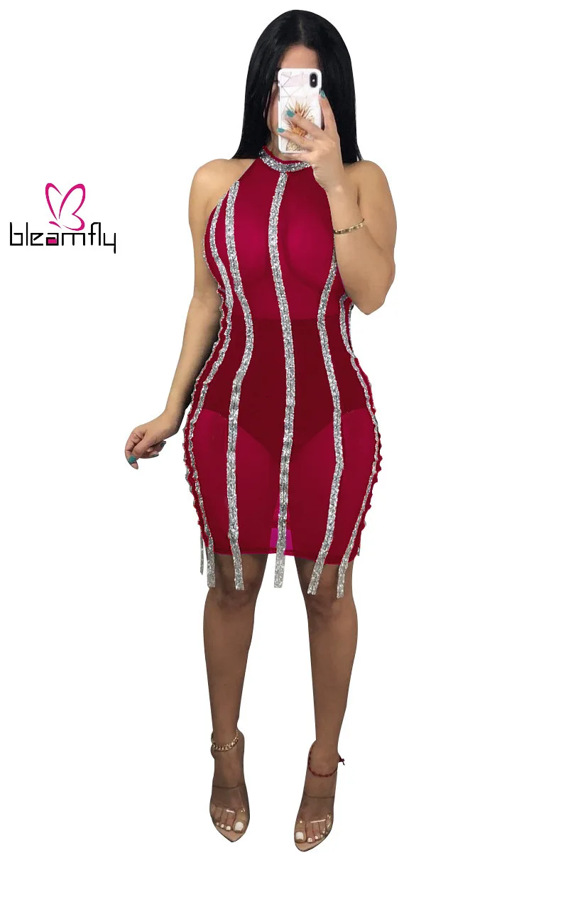 2019 женское летнее Сетчатое платье с прозрачными блестками мини облегающее