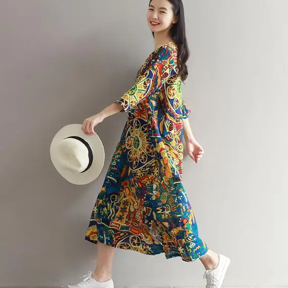 2020 весеннее женское винтажное длинное платье с круглым вырезом и принтом Vestidos De