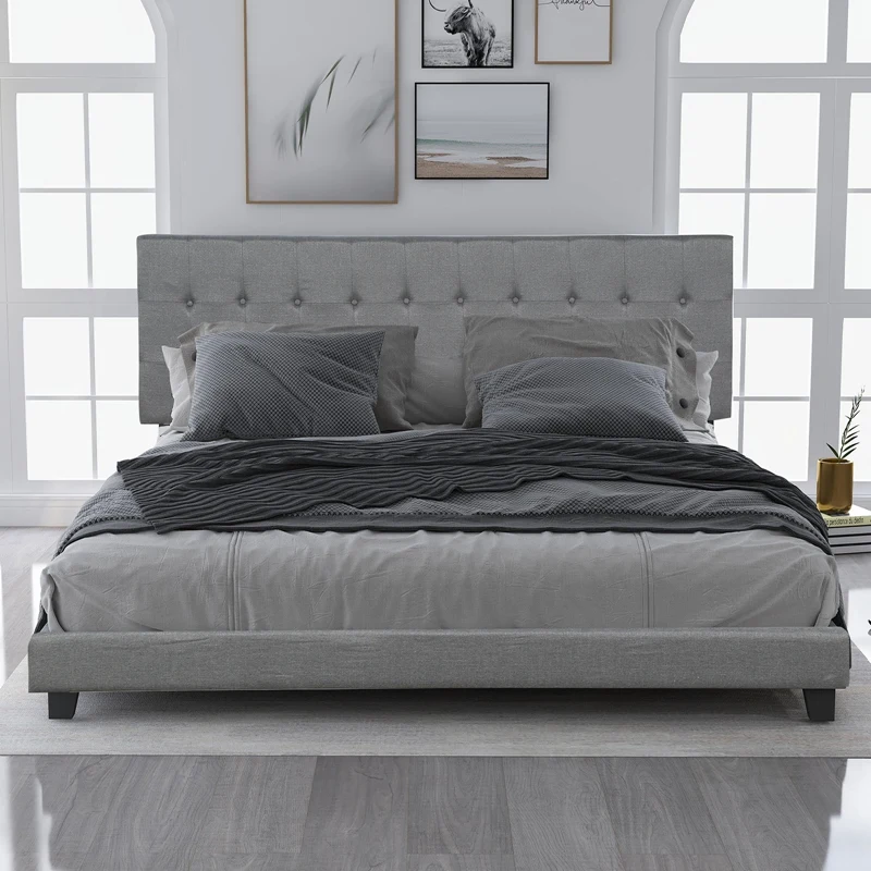 

Solid Pinewood Frame With Slat Bedroom Furniture Single Bed Upholstered Linen Stitch Tufted Platform Bed