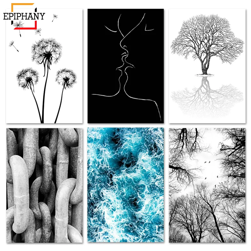 Натуральный лес скандинавский постер черно белый Одуванчик холст