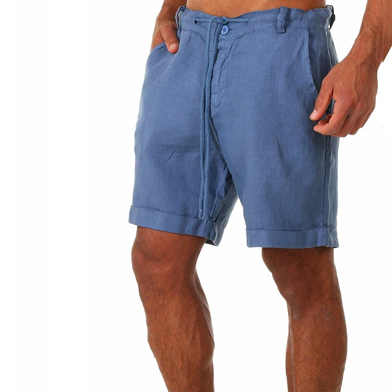 

2021new Men's cotton linen shorts Solid color lacing Knee Length casual linen shorts male summer sports Beach Shorts men