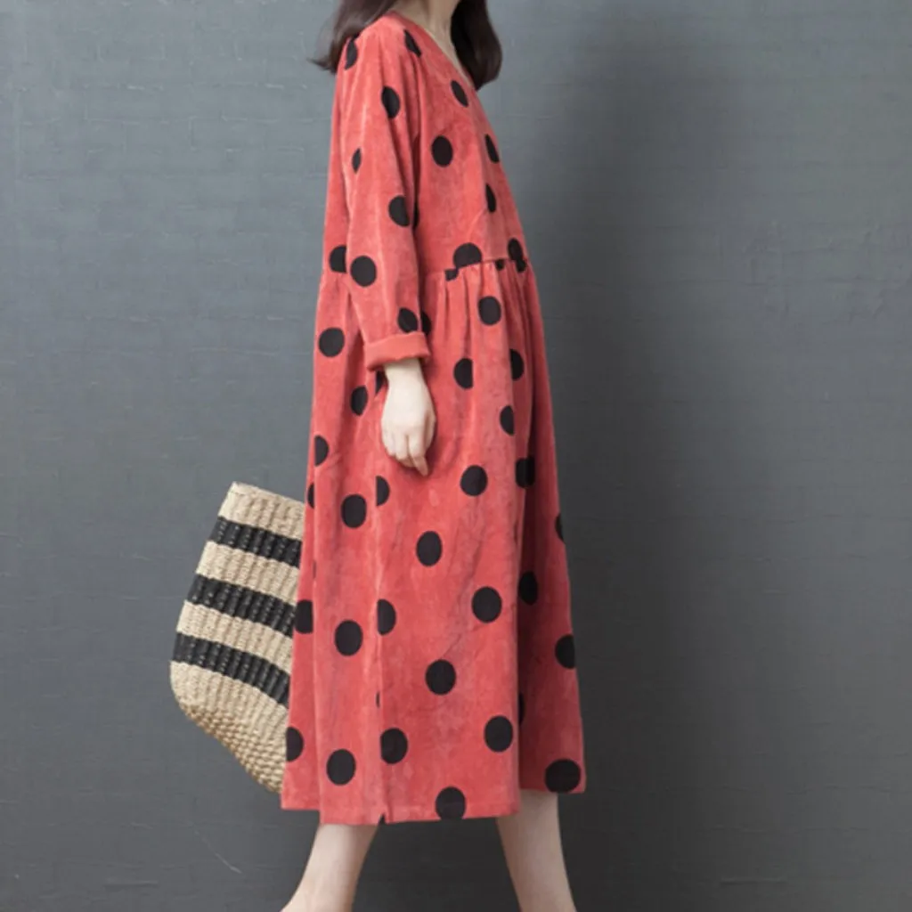 Повседневное платье в горошек для девушек осеннее средней длины с