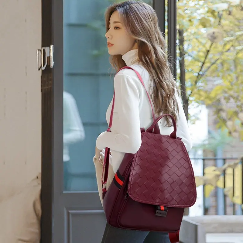 

LU.FAWN 2021 New Fashion Women's Backpack Soft Leather PU Stripe Waterproof Single Shoulder Bag Versatile Temperamen (6612)