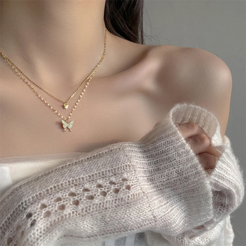 

Fashion Double Pendant Butterfly Necklace Clavicle Chain Ladies Jewelry Gift