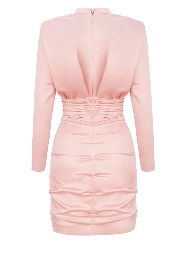 

Spring and summer 2020 new long sleeve fashion personalized pleated waist irregular short buttock dress women's wear