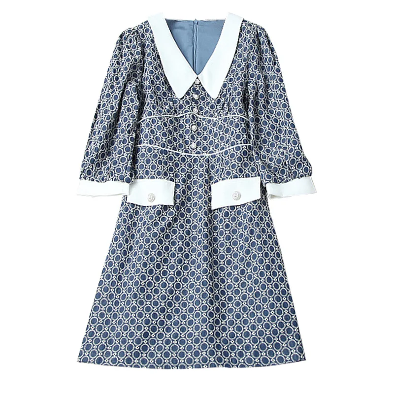 

Seifrmann Summer Women Fashion DesignerParty Short Dress Embroidery Fake Pocket Elegant Ladies 3/4 Sleeve A-Line Dresses 2021