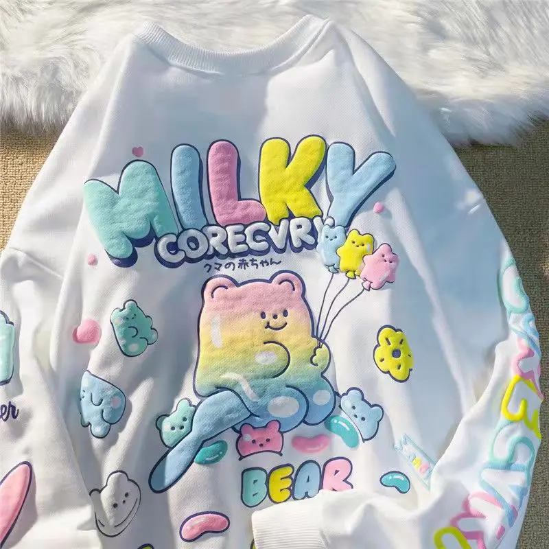 

Candy Colors Funny Bear Print Cute Sweatshirt Women Kawaii Clothing Aesthetic Pullover Cotton Street Casual Teens Purple Autumn