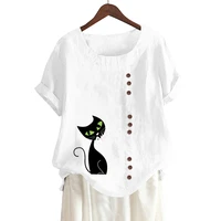 o neck short sleeve oversized tee tops women summer casual cat print button female fashion daily streetwear ladies tshirt