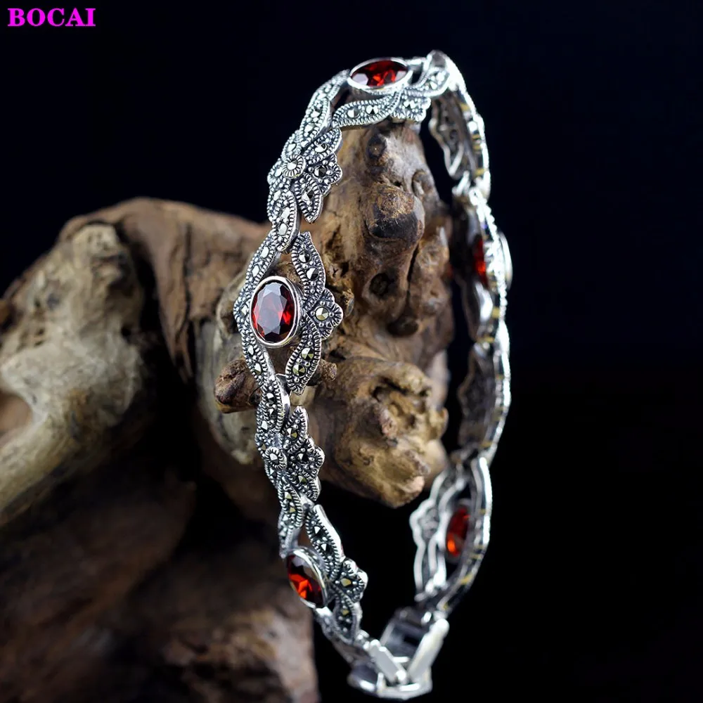 

BOCAI S925 Sterling Silver Women's Bracelet 2021 Fashion Natural Garnet Green Chalcedony Pure Argentum Gem Bangle Hand Chain