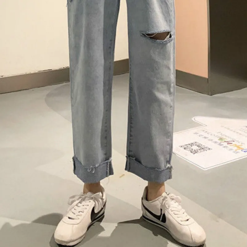 

Jeans Women High Waist Straight Denim Trousers Loose Cuffs Hole BF Ulzzang Students All-match Vintage Womens Retro Pants Casual