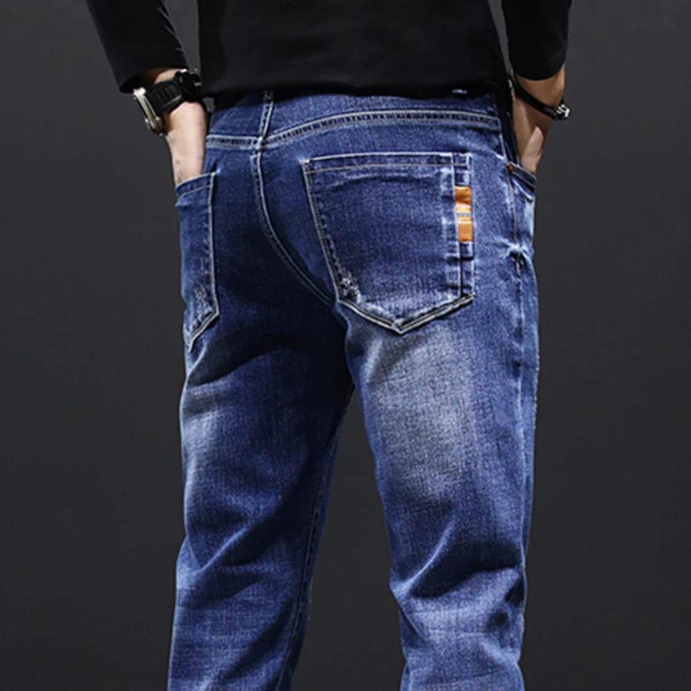 

Мужские осенние длинные облегающие джинсы Pencli со средней талией синего цвета, повседневные джинсы, уличная одежда, модные джинсовые брюки