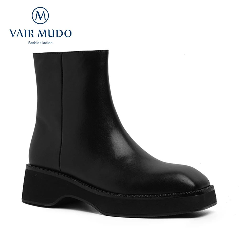 

VAIR MUDO Autumn Winter Ankle Boots Shoes Elegant Thick Heels Round Toe Black Short Plush Genuine Leather Boots Footwear DX248L