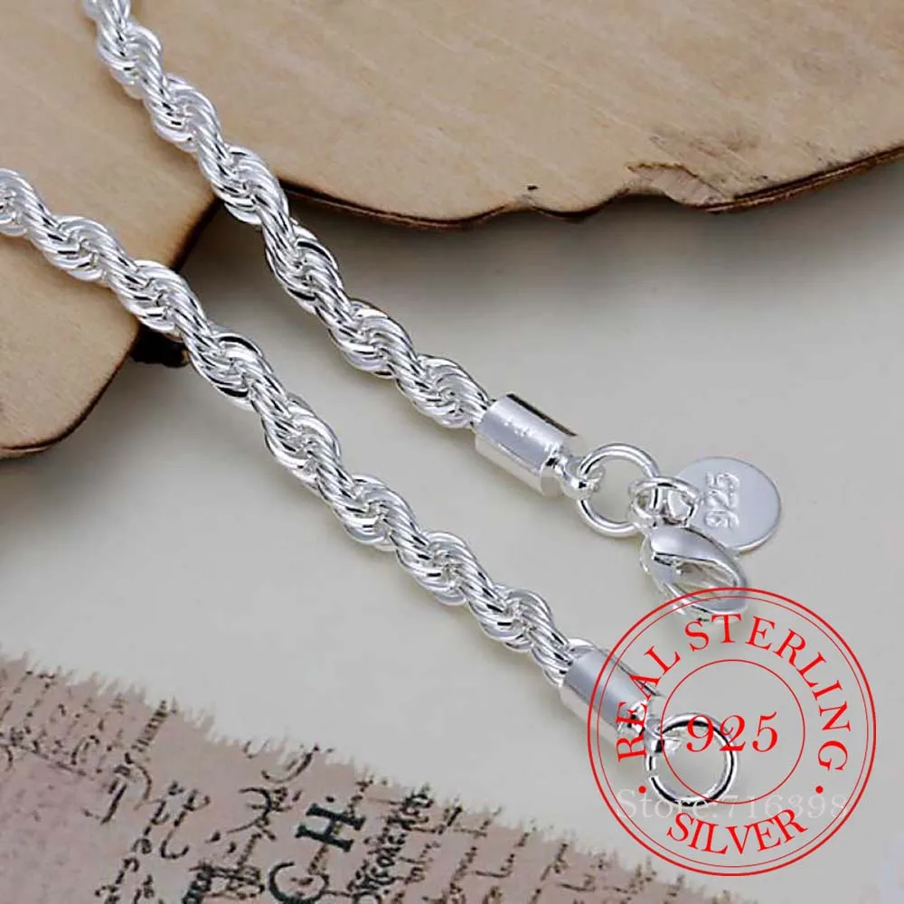 Реальные оригинальные серебряные браслеты Real Original 925 Silver Bracelets Simple 4mm Twist Rope Chain Bangle For Men Women Fine Jewelry Gift Good Quality On