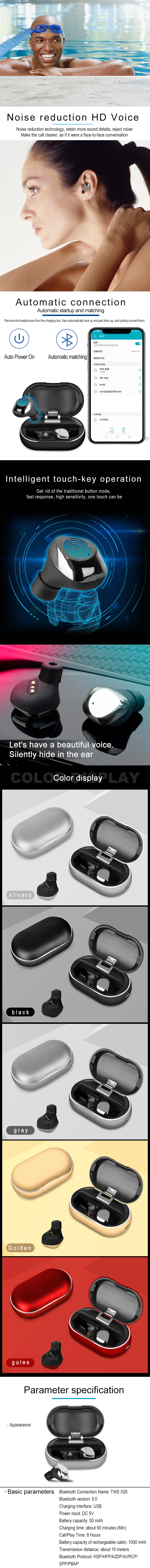 TWS X26 BTBluetooth V5.0 IPX7 водонепроницаемый беспроводной HIFI Динамический наушник в ухо наушники с 1000 мАч с зарядным чехлом