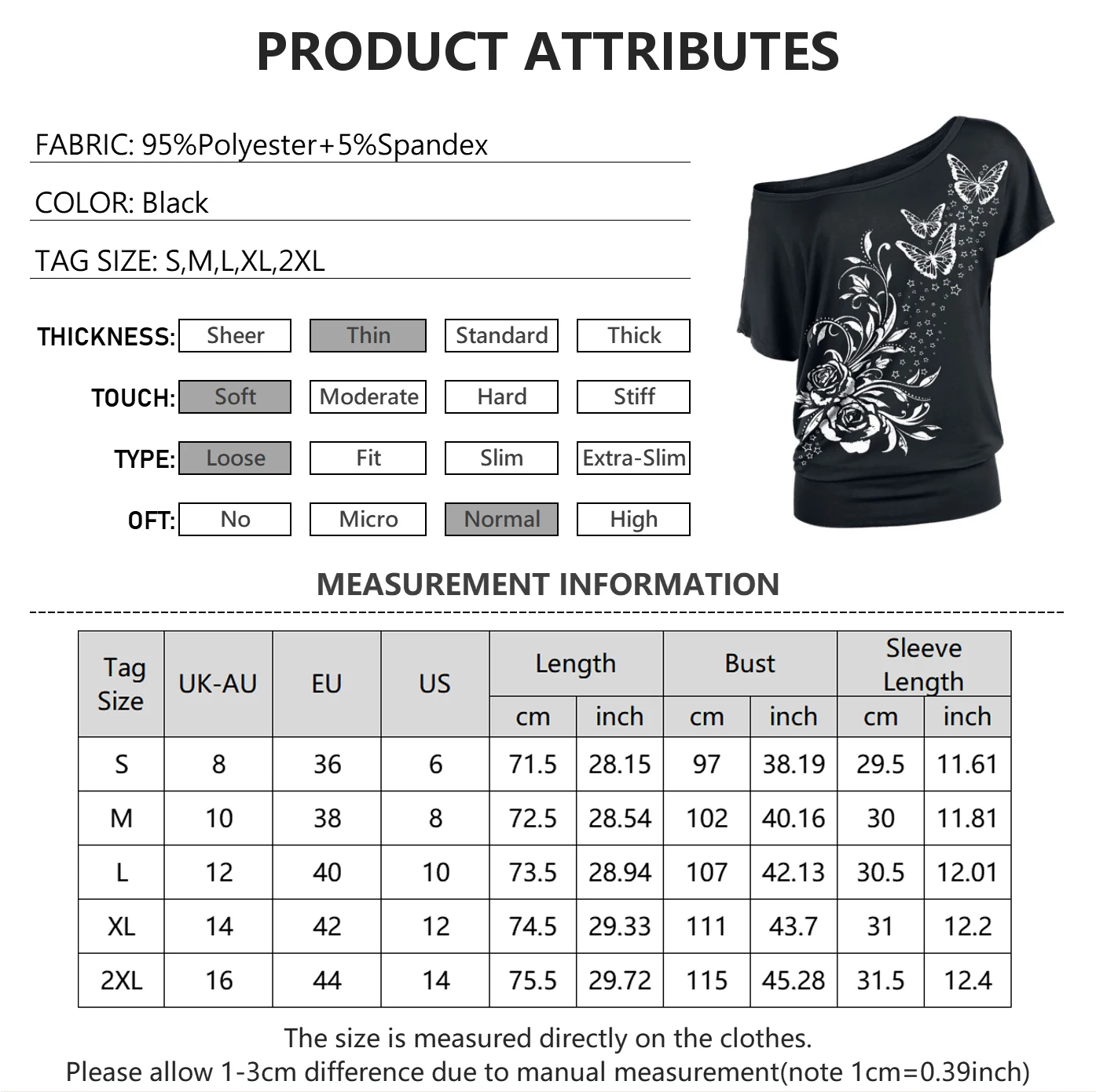 

Women's Gothic Butterfly Print Blouse Black Color Off-Shoulder Loose T-Shirts Female Casual Punk Style Street Tee Tops D30