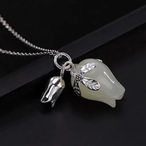 

S925 Sterling Silver Inlaid Hetian Jade Orchid Pendant Natural White Magnolia Simple Clavicle Chain Pendant Women's Silver Penda