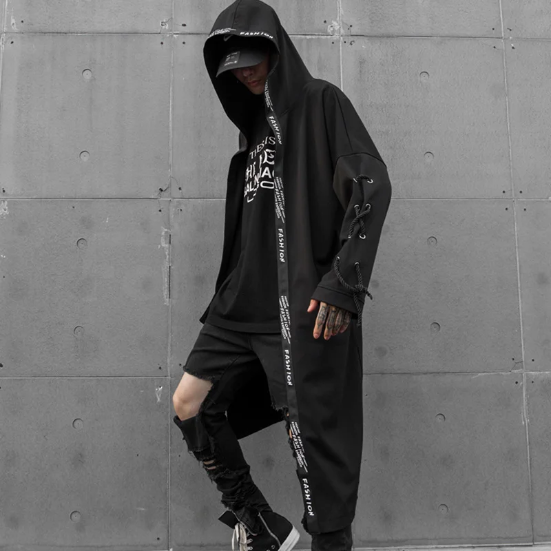 

Ribbon Autumn Winter Trench Coat Mens Hooded 2021 Casual Streetwear Black Windbreakers Long Coats Men Outwear Ropa Para Hombre