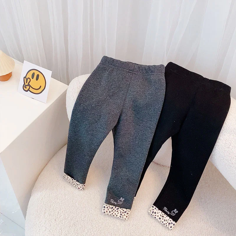 

Girls Thicken Leggings Winter Warm Casual Pants Plush Leopard Tights Gray Black Elastic Trousers 1-6Y Children Velvet Pants