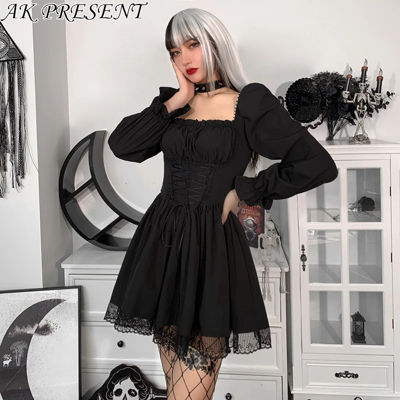 

Sexy Black Lace Up Dress Elegant Ladies Mini Dresses Vintage Harajuku Fairy Lolita Gothic Party Dress Women 2021 Autumn Fashion