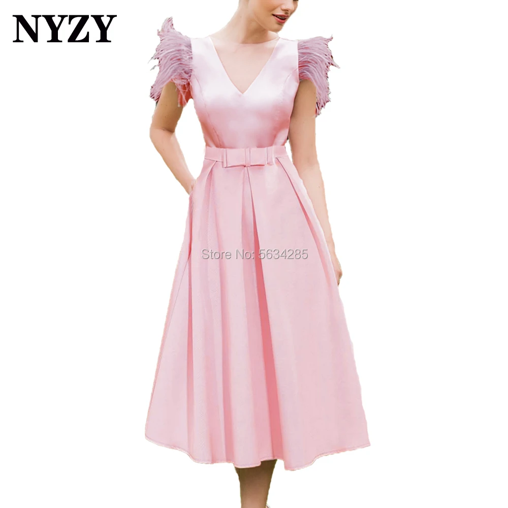 

Feather Sleeves Satin Tea Length Pink Mother of the Bride Dresses 2020 NYZY E250A Dress Party Cocktail Wedding Guest Wear