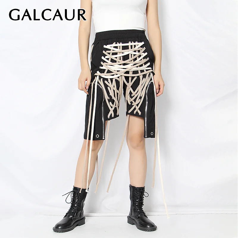 

GALCAUR Black Knee Length Half Pant For Women High Waist Cross Bandage Asymmetric Hem Plus Size Half Trousers Female 2021 Autumn